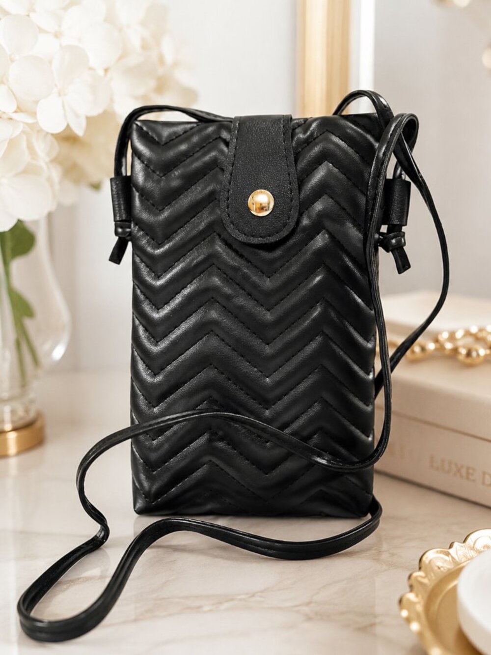 Black Quilted Phone Crossbody Bag Chevron Faux Leather Mini Shoulder Purse